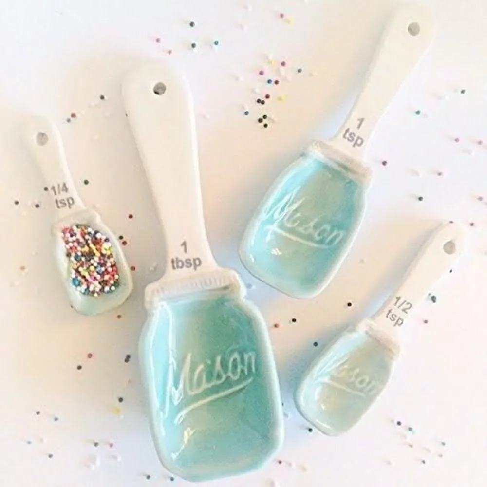 NEW Ceramic Measuring Spoons SET Blue White Mason Jar Design 4 SPOONS
